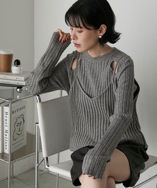 forksy.(フォルクシー)の「【forksy.】2wayキャミレイヤードリブニット/カットアウトショルダーワンピース(ニット/セーター・レディース・杢グレー/アイボリー/ブラウン系・FREE)」の2枚目の写真