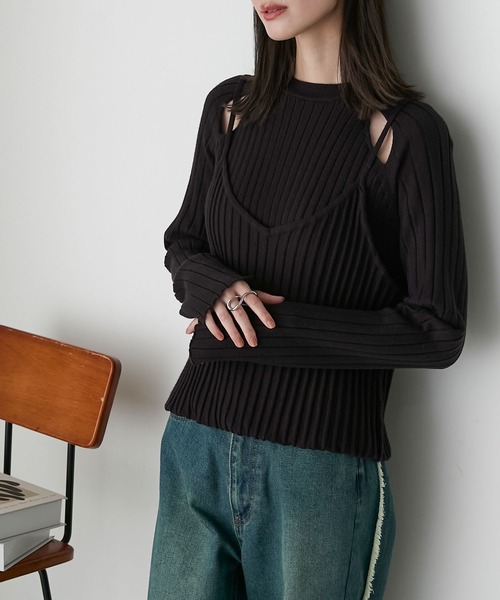 forksy.(フォルクシー)の「【forksy.】2wayキャミレイヤードリブニット/カットアウトショルダーワンピース(ニット/セーター・レディース・杢グレー/アイボリー/ブラウン系・FREE)」の21枚目の写真