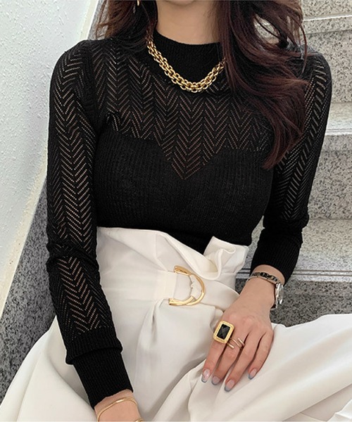 ハーフハイネックメッシュリブニットトップス（ニット/セーター）｜AMAJI（アマジ）