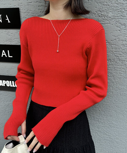 mline（エムライン）の「[mline]バックロゴショートニット（ニット/セーター・レディース・オフホワイト/グレー/ブラウン/ピンク/レッド・FREE）」の5枚目の写真