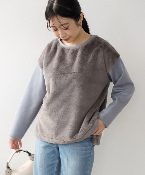 tシャツ フェイクファー×ダンボールドッキングトップス レディース セール】フェイクファー×ダンボールドッキングトップス（Tシャツ