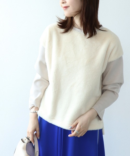 tシャツ フェイクファー×ダンボールドッキングトップス レディース セール】フェイクファー×ダンボールドッキングトップス（Tシャツ