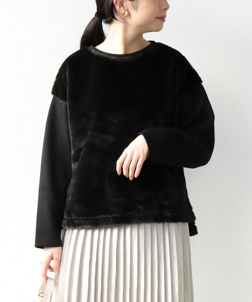 【セール】フェイクファー×ダンボールドッキングトップス（Tシャツ/カットソー）｜Jines（ジネス）