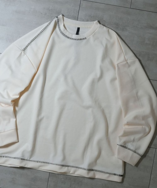 おしゃれスタ（オシャレスタ）の「cardboard knit stitching crew neck cutsew/ダンボールニット ステッチング クルーネック カットソー オーバーサイズ メンズ レディース（スウェット・メンズ・グレー/チャコールグレー/ブラック/ホワイト・XL/L/M）」の2枚目の写真