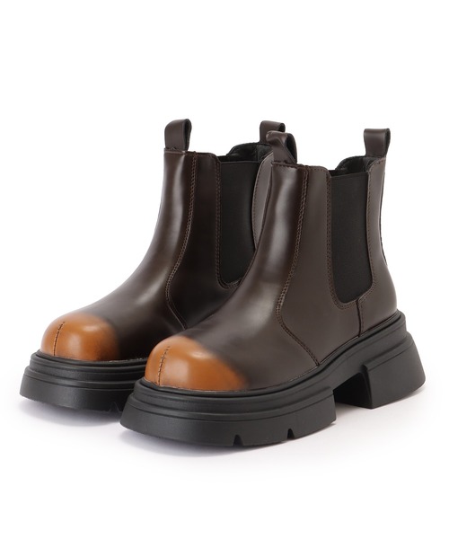 セール】ラウンドトゥ レザー調 サイドゴア 厚底 ショート