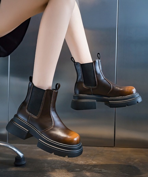 セール】ラウンドトゥ レザー調 サイドゴア 厚底 ショート ブーツ