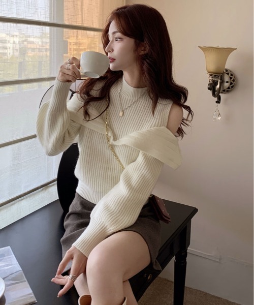 kirakiraShop（キラキラショップ）の「リブニット ハイネック オフショル ニット トップス（ニット/セーター・レディース・ホワイト/レッド・FREE）」の10枚目の写真