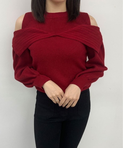 kirakiraShop（キラキラショップ）の「リブニット ハイネック オフショル ニット トップス（ニット/セーター・レディース・ホワイト/レッド・FREE）」の13枚目の写真