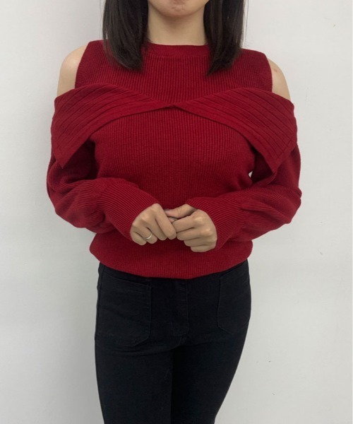 kirakiraShop（キラキラショップ）の「リブニット ハイネック オフショル ニット トップス（ニット/セーター・レディース・ホワイト/レッド・FREE）」の14枚目の写真