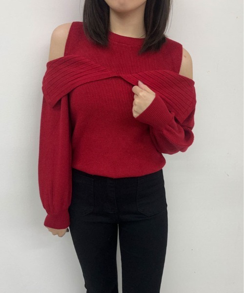 kirakiraShop（キラキラショップ）の「リブニット ハイネック オフショル ニット トップス（ニット/セーター・レディース・ホワイト/レッド・FREE）」の15枚目の写真