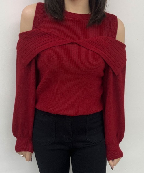 kirakiraShop（キラキラショップ）の「リブニット ハイネック オフショル ニット トップス（ニット/セーター・レディース・ホワイト/レッド・FREE）」の12枚目の写真