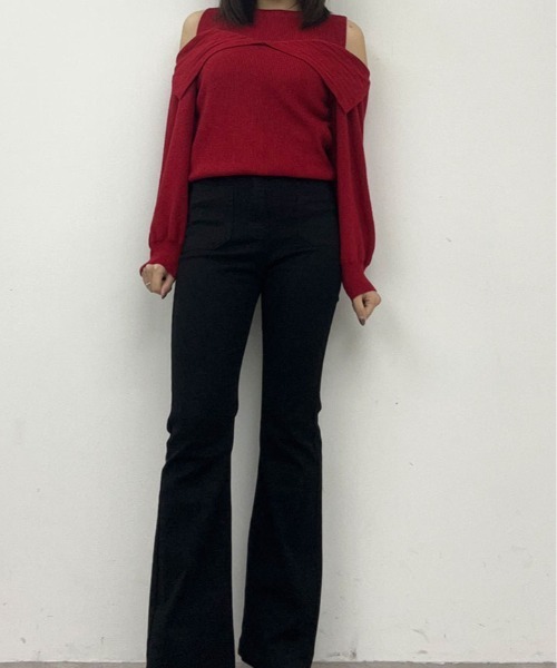 kirakiraShop（キラキラショップ）の「リブニット ハイネック オフショル ニット トップス（ニット/セーター・レディース・ホワイト/レッド・FREE）」の16枚目の写真