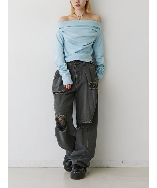 jouetie（ジュエティ）の「ドレープオフショルトップス（Tシャツ/カットソー・レディース・ブラック/オフホワイト/ブルー・MEDIUM）」の8枚目の写真