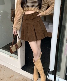 ブラウン プリーツミニスカート ベルト付き gossip!ロサンゼルス スカート ベルト付きプリーツミニスカート