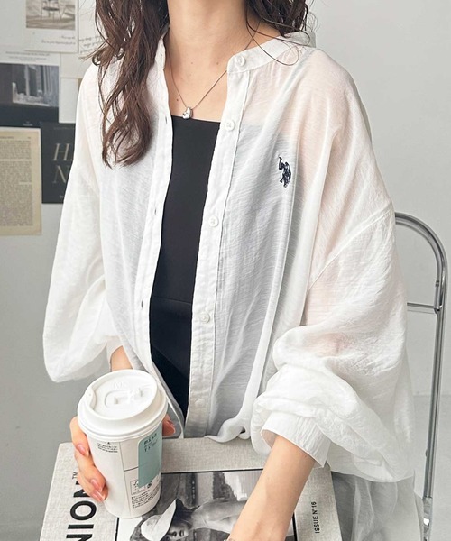 ブラウス シャツ GeeRA別注「U.S. POLO ASSN.」夏 にぴったり！バンドカラーワンポイント刺繍シアーシャツ レディース セール】GeeRA別注【U.S. POLO ASSN.】夏 にぴったり！バンド