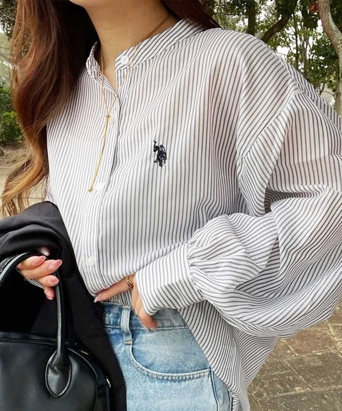 ブラウス シャツ GeeRA別注「U.S. POLO ASSN.」夏 にぴったり！バンドカラーワンポイント刺繍シアーシャツ レディース セール】GeeRA別注【U.S. POLO ASSN.】夏 にぴったり！バンド