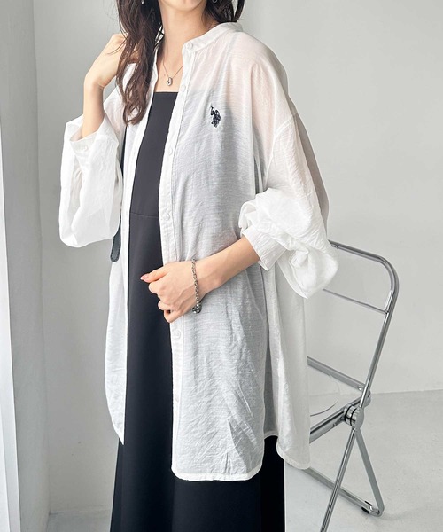 U.S. POLO ASSN.(ユーエスポロアッスン)の「GeeRA別注【U.S. POLO ASSN.】ユーエスポロアッスン バンドカラーワンポイント刺繍シアーシャツ(シャツ/ブラウス・レディース・ピンク/ネイビー/ストライプ/オフホワイト・LARGE/X-LARGE/MEDIUM)」の9枚目の写真
