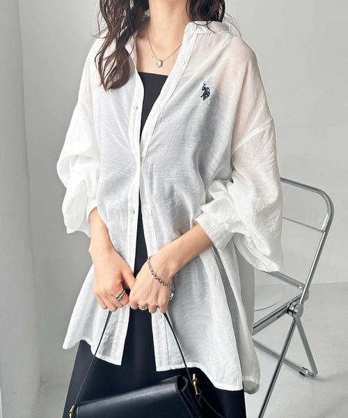 U.S. POLO ASSN.(ユーエスポロアッスン)の「GeeRA別注【U.S. POLO ASSN.】ユーエスポロアッスン バンドカラーワンポイント刺繍シアーシャツ(シャツ/ブラウス・レディース・ピンク/ネイビー/ストライプ/オフホワイト・LARGE/X-LARGE/MEDIUM)」の10枚目の写真