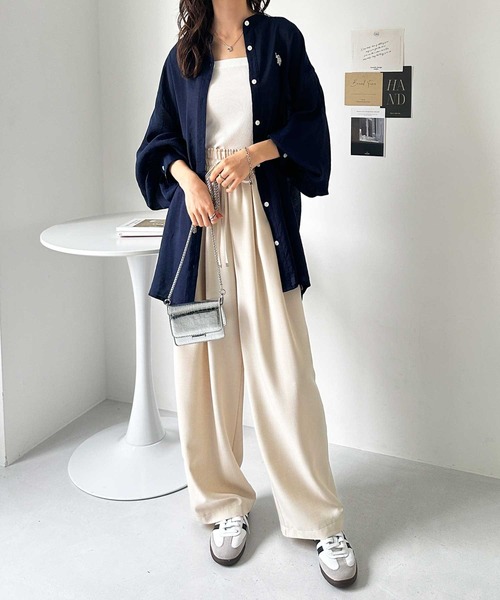 U.S. POLO ASSN.(ユーエスポロアッスン)の「GeeRA別注【U.S. POLO ASSN.】ユーエスポロアッスン バンドカラーワンポイント刺繍シアーシャツ(シャツ/ブラウス・レディース・ピンク/ネイビー/ストライプ/オフホワイト・LARGE/X-LARGE/MEDIUM)」の5枚目の写真