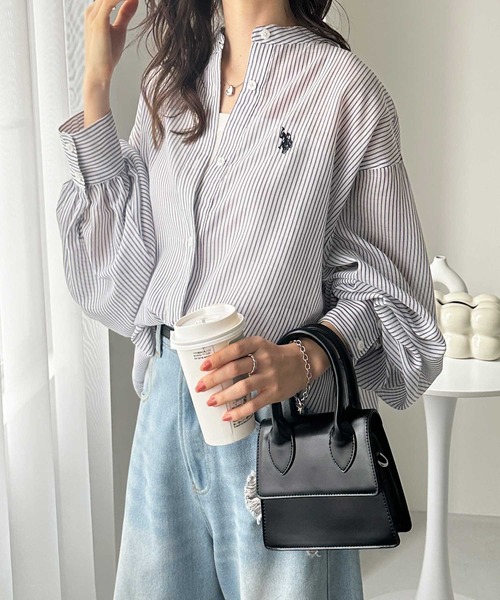 ブラウス シャツ GeeRA別注「U.S. POLO ASSN.」夏 にぴったり！バンドカラーワンポイント刺繍シアーシャツ レディース セール】GeeRA別注【U.S. POLO ASSN.】夏 にぴったり！バンド