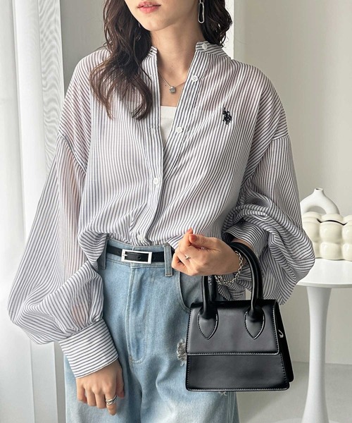 ブラウス シャツ GeeRA別注「U.S. POLO ASSN.」夏 にぴったり！バンドカラーワンポイント刺繍シアーシャツ レディース セール】GeeRA別注【U.S. POLO ASSN.】夏 にぴったり！バンド