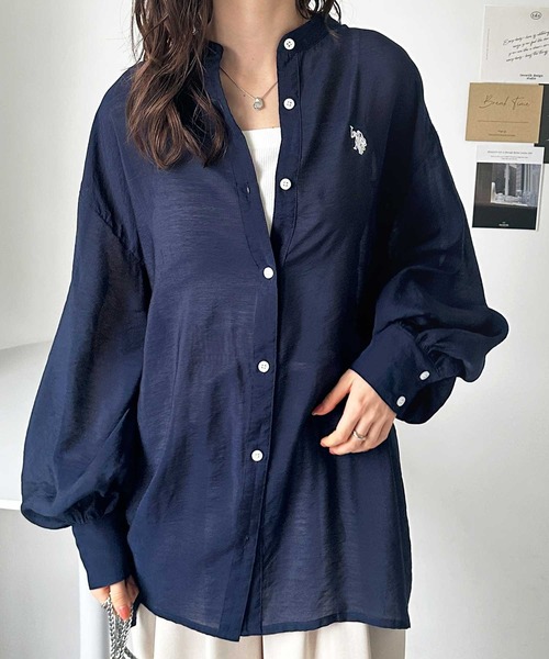ブラウス シャツ GeeRA別注「U.S. POLO ASSN.」夏 にぴったり！バンドカラーワンポイント刺繍シアーシャツ レディース セール】GeeRA別注【U.S. POLO ASSN.】夏 にぴったり！バンド