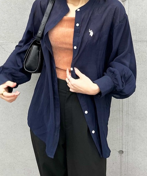 ブラウス シャツ GeeRA別注「U.S. POLO ASSN.」夏 にぴったり！バンドカラーワンポイント刺繍シアーシャツ レディース セール】GeeRA別注【U.S. POLO ASSN.】夏 にぴったり！バンド
