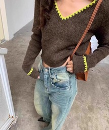 バイカラーVネックリブニット