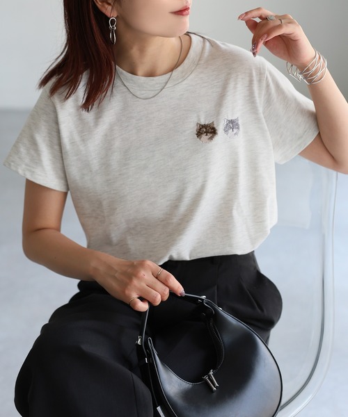 Riberry（リベリー）の「ネコ刺繍半袖Tシャツ（Tシャツ/カットソー・レディース・オートミール/ミント/イエロー/ピンク/オフホワイト/チャコールグレー・FREE）」の3枚目の写真