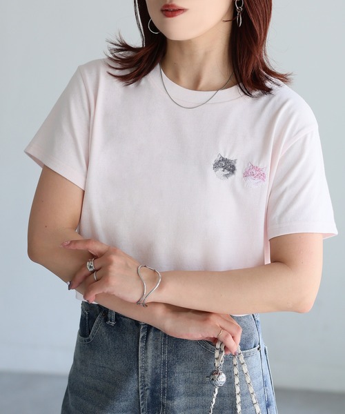 Riberry（リベリー）の「ネコ刺繍半袖Tシャツ（Tシャツ/カットソー・レディース・オートミール/ミント/イエロー/ピンク/オフホワイト/チャコールグレー・FREE）」の6枚目の写真
