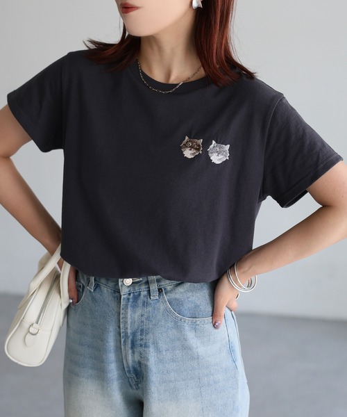 Riberry（リベリー）の「ネコ刺繍半袖Tシャツ（Tシャツ/カットソー・レディース・オートミール/ミント/イエロー/ピンク/オフホワイト/チャコールグレー・FREE）」の2枚目の写真