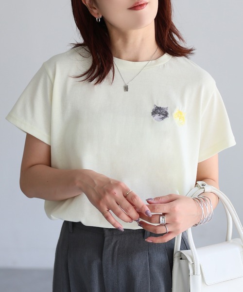 Riberry（リベリー）の「ネコ刺繍半袖Tシャツ（Tシャツ/カットソー・レディース・オートミール/ミント/イエロー/ピンク/オフホワイト/チャコールグレー・FREE）」の5枚目の写真