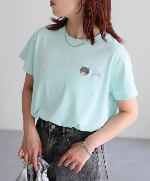 Riberry（リベリー）の「ネコ刺繍半袖Tシャツ（Tシャツ/カットソー・レディース・オートミール/ミント/イエロー/ピンク/オフホワイト/チャコールグレー・FREE）」の10枚目の写真