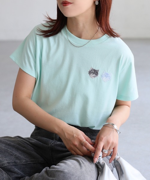 Riberry（リベリー）の「ネコ刺繍半袖Tシャツ（Tシャツ/カットソー・レディース・オートミール/ミント/イエロー/ピンク/オフホワイト/チャコールグレー・FREE）」の11枚目の写真