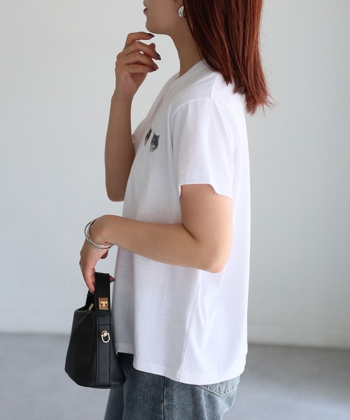Riberry（リベリー）の「ネコ刺繍半袖Tシャツ（Tシャツ/カットソー・レディース・オートミール/ミント/イエロー/ピンク/オフホワイト/チャコールグレー・FREE）」の8枚目の写真