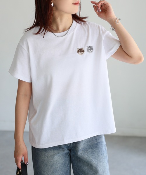 Riberry（リベリー）の「ネコ刺繍半袖Tシャツ（Tシャツ/カットソー・レディース・オートミール/ミント/イエロー/ピンク/オフホワイト/チャコールグレー・FREE）」の7枚目の写真