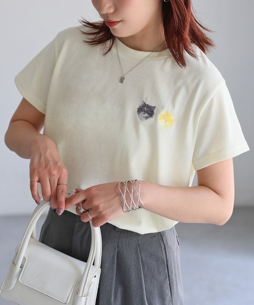Riberry（リベリー）の「ネコ刺繍半袖Tシャツ（Tシャツ/カットソー・レディース・オートミール/ミント/イエロー/ピンク/オフホワイト/チャコールグレー・FREE）」の16枚目の写真
