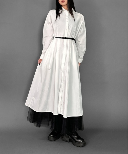 LVEU.（ラブユ.）の「【LVEU.】ベルト付きシャツワンピース / ワンピース ワンピ シャツワンピ ベルト付 フレア ロング ワッシャー ブラック ホワイト 韓国 韓国ファッション ZOZOTOWN限定（シャツワンピース・レディース・ホワイト/ブラック・FREE）」の2枚目の写真