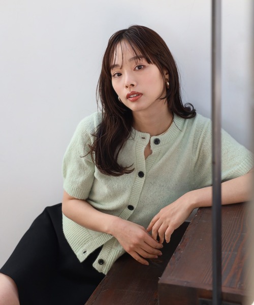 セール】front black button summer knit cardigan / フロント