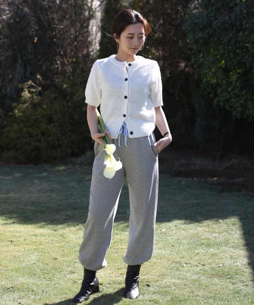 セール】front black button summer knit cardigan / フロント