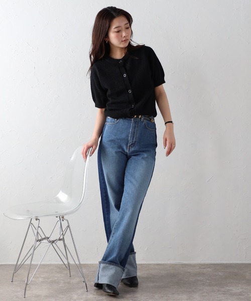 試着のみ ロサブラン カーディガン M ブラック セール】front black button summer knit cardigan / フロント