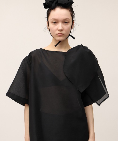 leinwande(ラインヴァンド)の「Ribbon Organdy Mini Dress / リボンオーガンジーミニドレス(チュニック・レディース・ブラック/ライム・ONE SIZE)」の7枚目の写真