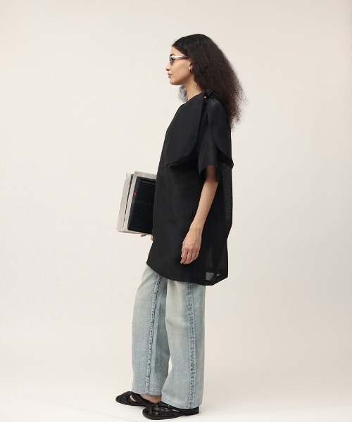 leinwande(ラインヴァンド)の「Ribbon Organdy Mini Dress / リボンオーガンジーミニドレス(チュニック・レディース・ブラック/ライム・ONE SIZE)」の13枚目の写真