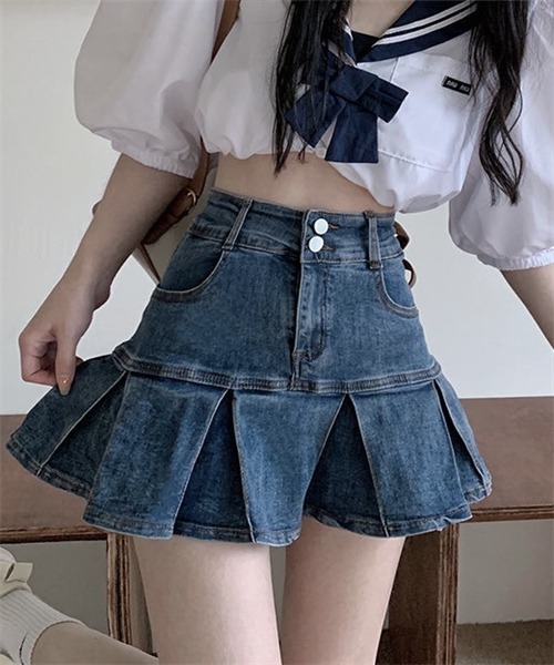 FREE STYLISTS(フリー スタイリスト)の「裾切替プリーツデニムミニスカート(デニムスカート・レディース・ブラック/ライトブルー/ブルー・L/XS/S/M/XL)」の3枚目の写真