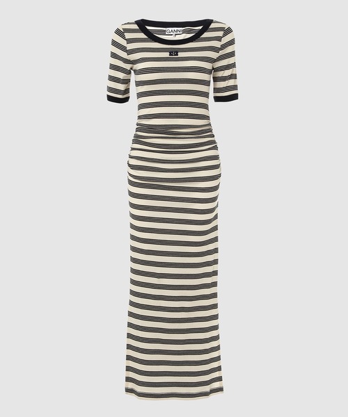 セール】Striped Soft Cotton Rib Short Sleeve Dress（ドレス