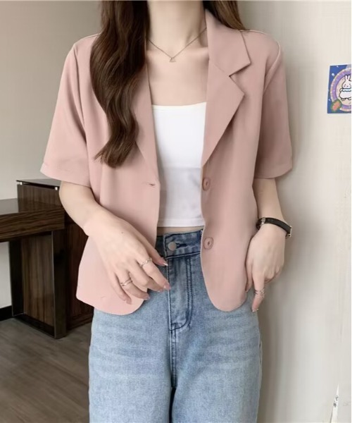 WEGO（ウィゴー）の「WEGO/半袖ショートテーラードジャケット（テーラードジャケット・レディース・ピンク/ブラック/ホワイト/ライトピンク・MEDIUM/LARGE）」の4枚目の写真