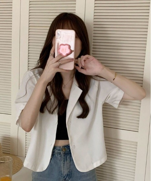 WEGO（ウィゴー）の「WEGO/半袖ショートテーラードジャケット（テーラードジャケット・レディース・ピンク/ブラック/ホワイト/ライトピンク・MEDIUM/LARGE）」の14枚目の写真