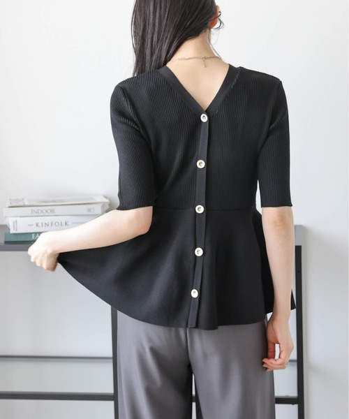 セール】【日本製】2WAYペプラムリブニットトップス（Tシャツ