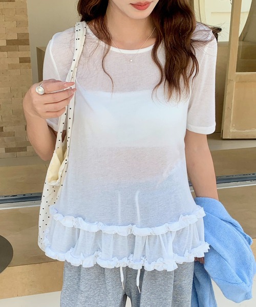 Doula Doula(ドゥーラドゥーラ)の「フリル裾シアーカットソー(Tシャツ/カットソー・レディース・ホワイト/ブルー・FREE)」の2枚目の写真