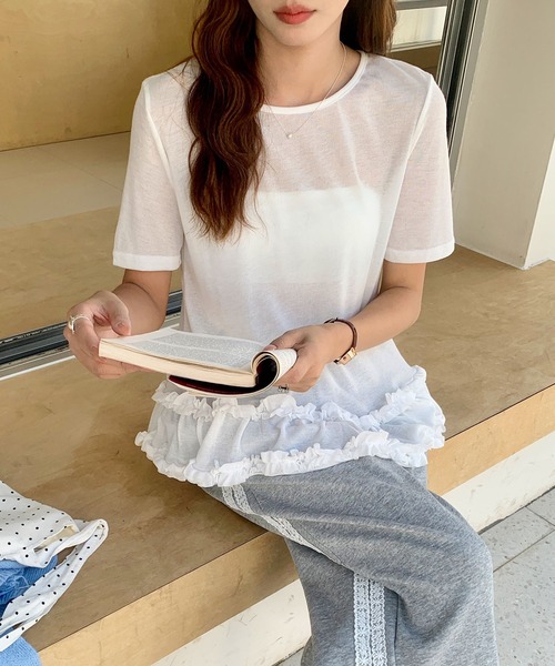 Doula Doula(ドゥーラドゥーラ)の「フリル裾シアーカットソー(Tシャツ/カットソー・レディース・ホワイト/ブルー・FREE)」の3枚目の写真